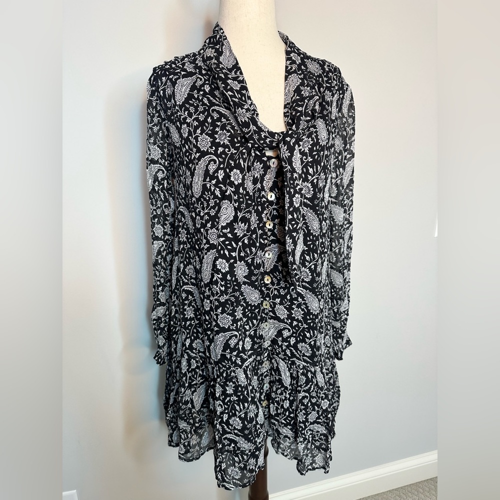 Sz XS Cleobella Betz Mini dress black white paisley long sleeve button down - Picture 2 of 12